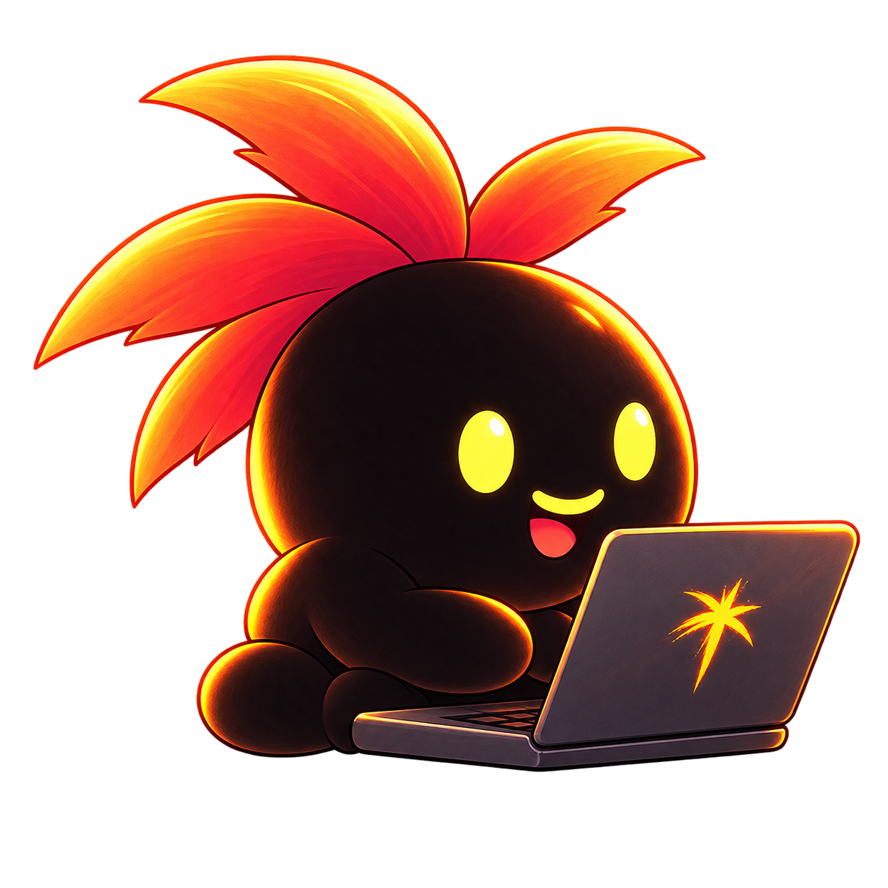Palm Studios mascot working on a laptop
